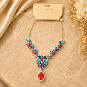 Vintage Monet Multicolor Crystal Statement Necklace Gold Tone Sample New